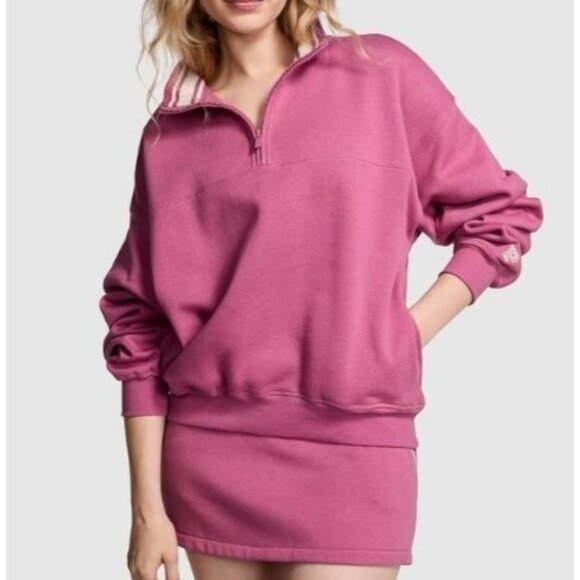 Pink Victorias Secret Sweatshirt Half-Zip Medium Pink Pullover Fleece Lined - Picture 1 of 10